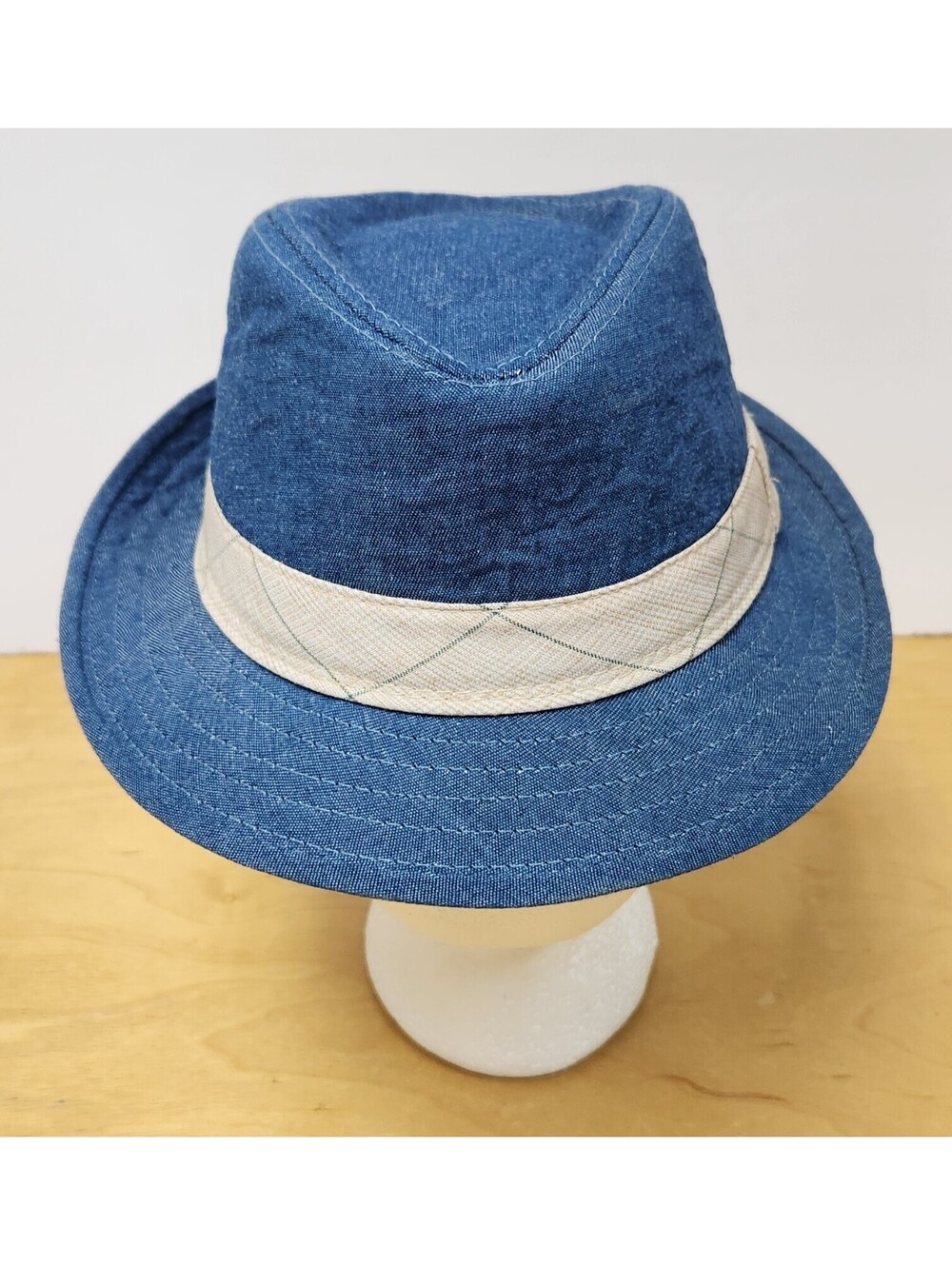 Blue Denim Cotton Trilby Fedora Hat Plaid Band Contrast Stitching Size Small